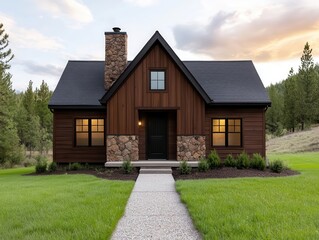 Obraz premium Rustic bohemian barnstyle home with distressed wood siding, a stone fireplace, and a cozy porch