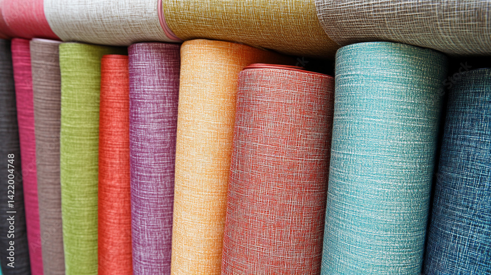Poster close-up view of colorful rolled textiles in various shades generative ai