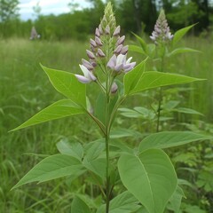 Obraz premium Closeup of Wildflower with Pale Purple Blossoms and Green Leaves