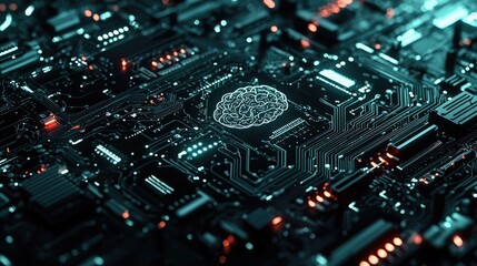 Obraz premium Circuit board with intricate patterns and a brain illustration at the center.