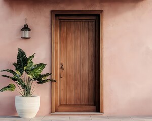 Artful bohemian facade with geometric tribal patterns, pastel hues, and an inviting wooden door