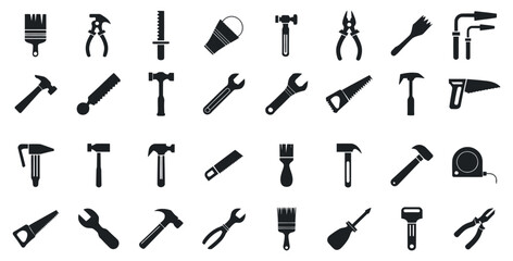 Black And White Vector Illustration Of Assorted Carpentry And Repair Tools Icons For Diy Projects
