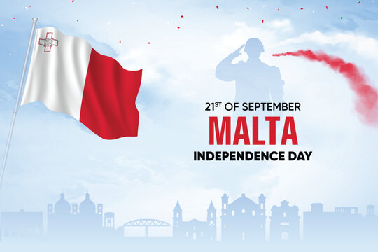Malta Flag Waving With Army Soldier and Air Show On Skyline Background. Independence Day Concept Design Vector Illustration.