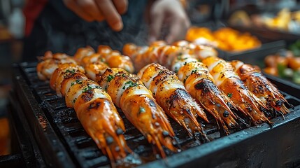 Grilled shrimp and squid skewers on a street food market.