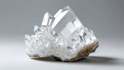 Clear Quartz Crystal Cluster On Mineral Matrix Geological Specimen Display