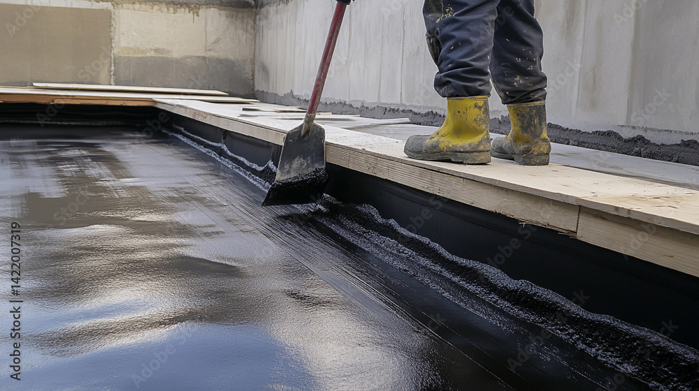 Poster Worker applies waterproofing material to a foundation surface Generative AI