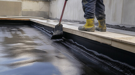 Worker applies waterproofing material to a foundation surface Generative AI