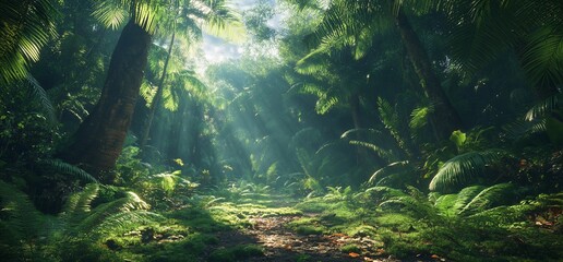 Lush Tropical Paradise: Sunlight Filtering Through Dense Canopy of Palm Trees