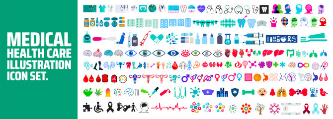 Healthcare icon set. disease, Containing doctor, diagnosis, report, illness, injury, medicine, treatment, prevention, hospital, treatment, health, nurse, pills, pharmacy, clinic illustration and icons