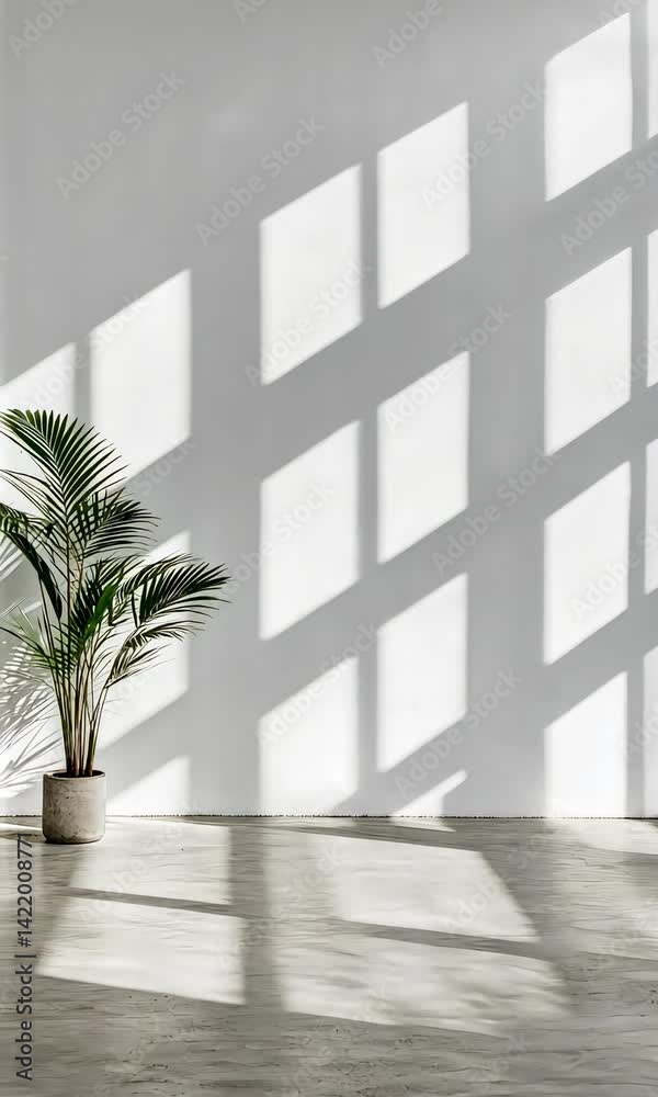 Poster sunlight streams through unseen windows, casting shifting geometric shadows on a white wall in an em