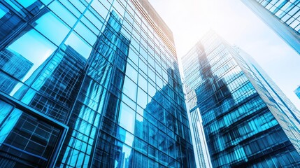 Modern Cityscape: Blue Glass Skyscrapers Reflecting the Sun