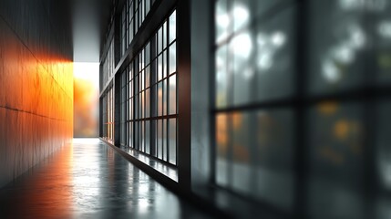 Office Corridor with Sunlight Streaming Through Blur Glass Windows
