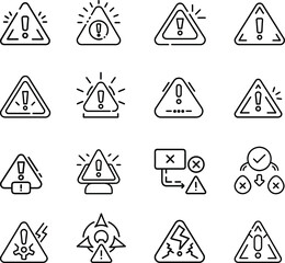 Warning Alert Icons Set. Triangle Error, Alert, Warning Symbols with Exclamation Mark Line Symbols Collection