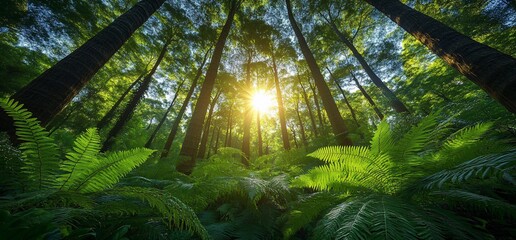 Naklejka premium Sunlight filtering through majestic trees in a lush, green forest canopy