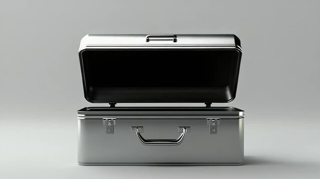 Metallic open toolbox on a neutral background, showcasing its empty interior for storage