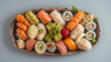 Variety of Fresh Sushi on Minimalist Background