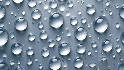 A high-resolution, close-up photograph featuring numerous water droplets on a smooth, light gray surface.