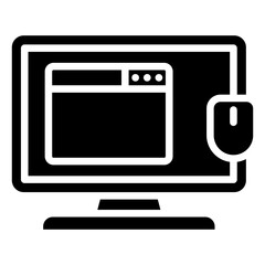 Workplace Glyph Icon, Computer Screen Displaying a Browser Window with Mouse