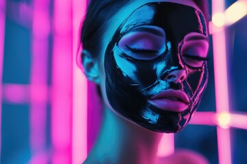 Woman with eyes closed wearing a black charcoal face mask under neon lights.