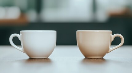 Obraz premium Two stylish coffee cups, one white and one beige, sit on a wooden table, creating a minimalist and cozy atmosphere.