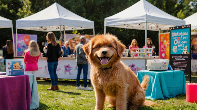 Adorable golden retriever smiles at outdoor pet fair with people tents