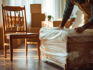 Careful mover wrapping furniture in plastic film, preparing for relocation, symbolizing protection and care. Ideal for moving companies, relocation services, home improvement blogs.