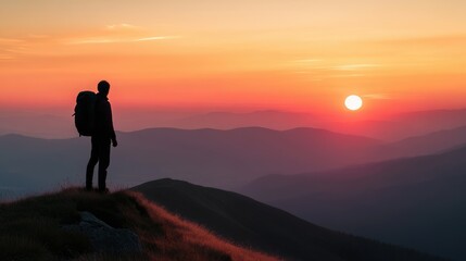 Obraz premium Silhouette of a hiker with a backpack enjoying a vibrant sunset over a mountain range.