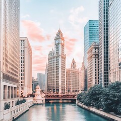 Tranquil Cityscape at Sunrise Pink and Blue Hues Illuminate Clock Tower and River