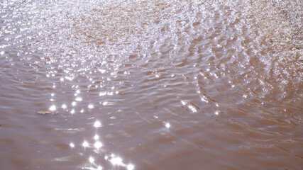 Water surface ripples in summer morning. Texture background of brown water ripples. Beauty in nature, small waves, sunlight reflect, landscape concept for wallpaper. Brown water texture background.