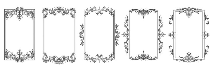 Retro vintage frames borders ivy and flower curl vector illustration elegant square shape for card flower classic black outline.
