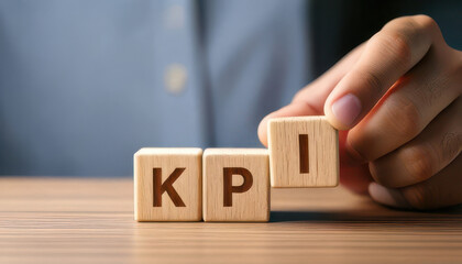 Naklejka premium Businessman hand holding wooden cube block with KPI letters