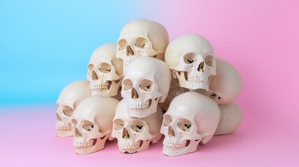 Obraz premium A stack of white skulls against a pink and blue background, creating a striking contrast and a surreal aesthetic.