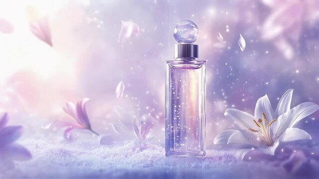 Elegant perfume bottle surrounded by flowers and soft lighting in a dreamy setting