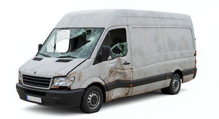 Naklejka premium Damaged Grey Delivery Van with Collapsed Roof and Shattered Windows on White Background