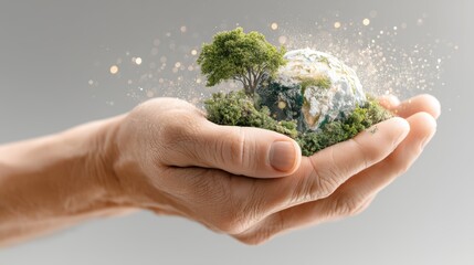 Human Hand Holding Earth Surrounded by Light Rays and Greenery in a Magical Scene