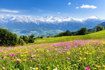 Fototapeta premium Alpine Meadow Panorama: Vibrant Wildflowers Against Majestic Snow-Capped Mountains