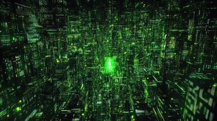 Digital Metropolis: A Glowing Green Futuristic Cityscape