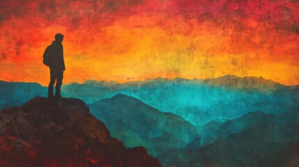 Fototapeta premium A lone hiker silhouetted against a vibrant sunset, overlooking a vast mountain range.