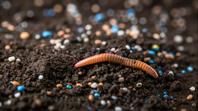 Microplastics in ecosystem, A worm feeding on microplastic particles, highlighting environmental concerns about pollution.