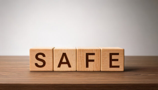 Wooden blocks spelling SAFE on wooden table, minimal style