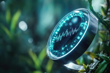 Futuristic teal device displaying data wave amidst lush green foliage.