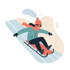 Fototapeta premium Child enjoying winter sledding activity wearing warm clothes and a red hat in snowy landscape 