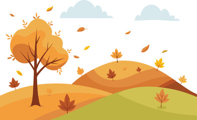 Autumn Hill Scene with Falling Leaves