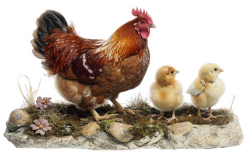 Fototapeta premium A majestic hen protectively watching over her two fluffy chicks nestled amongst mossy rocks and wildflowers, showcasing a warm and natural setting.