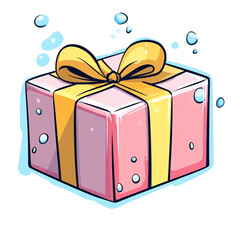 Pink gift box with yellow ribbon and bow surrounded by bubbles