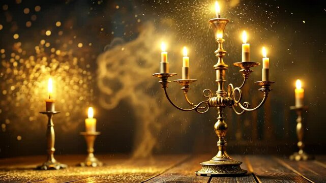 Golden candelabra and candlesticks on a wooden table with magical lights and smoke