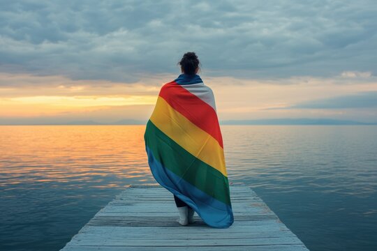A person wrapped in a pride flag stands on a dock overlooking a calm sunset ocean, symbolizing hope and acceptance. - Powered by Adobe