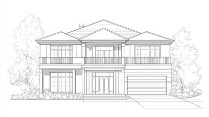 Modern house architectural sketch, front view, detailed design, possible use for blueprint or design presentation