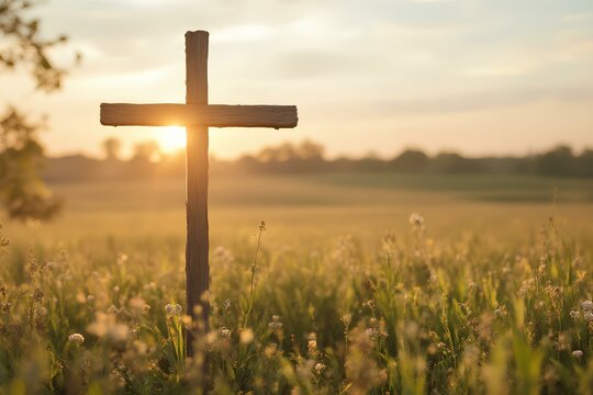 Sunlit cross amidst field of wildflowers evoking national day of prayer concept - Powered by Adobe