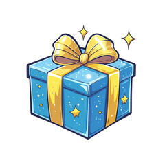 A blue gift box with a yellow bow sparkles brightly